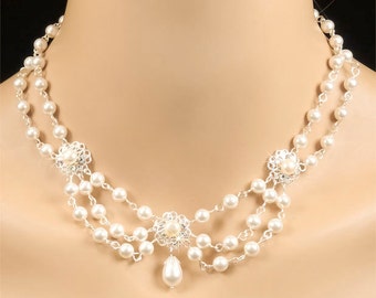Pearl Bridal Necklace, White Pearl and Swarovski Crystal Vintage Inspired Bridal Necklace, Wedding Statement Necklace - Amanda WN0147