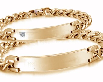 Engraved Gold His & Hers Couples ID Heart Bracelet Set, Customized Name Bracelets, Personalized Friendship Bracelets, Couples Bracelets