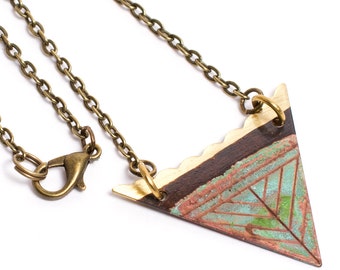 Triangle Patina Necklace - Patina Necklace - Verdigris Necklace - Patina Jewelry - Triangle Necklace - Short Necklace - Feather Necklace