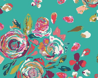 Art Gallery Fabrics - Boho Fusion Swifting Flora Boho Aqua Blue Fabric - Fleet and Flourish Maureen Cracknell Watercolor Flowers Quilt Dress