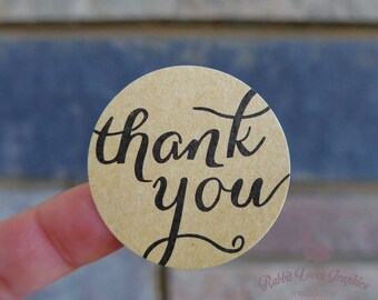 60 x Brown Kraft Round Stickers, "thank you", 38mm diameter
