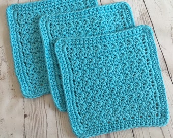 Aqua Blue Wash Cloths Kitchen Cotton Dish Cloths Baby Cloths Crochet Wash Cloth Set of 3 Ready to Ship