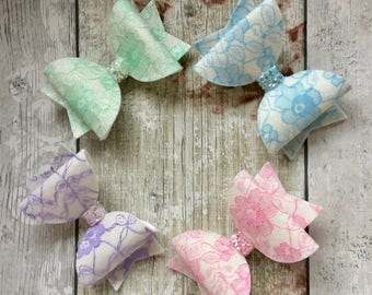 Set of 4 beautiful handmade lace & glitter hair bows
