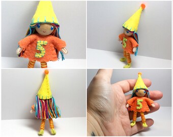 Birthday Bendy Doll by Princess Nimble-Thimble - Waldorf 5th Fifth Birthday Party Cake Topper Girl, Bendable Felt Doll, Cupcake Party Favor