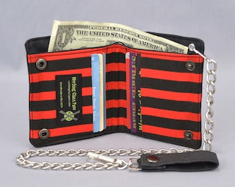 Vegan Chain Wallet Black and Red Pirate Stripe, Black Canvas, Fabric Pockets, Punk, Goth, Rocker