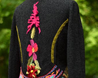 Floral sweater COAT, fantasy art to wear, refashioned OOAK clothing, Woodland style coat, boho gypsy wearable art. size M/L.Ready to ship