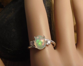 Brilliant Sky Blue Ethiopian Fire Opal 2 Gemstone Accent Gems Ring, Sterling Silver, 1.59 Cts 9.20 x 7.20 mm Natural Welo Ethiopian Opal