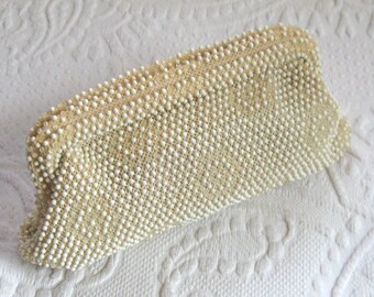 Vintage Beaded Evening Bag . hinged clutch . beaded clutch . Corded Bead . Corde Bead bag . 50s beaded bag