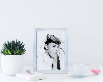 Audrey Hepburn, Hollywood Icons, Black and White, Collage, Waterfall, Contemporary, Beautiful, Print, Digital Art, Poster, Home, Torn Paper