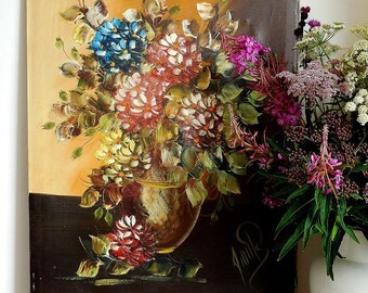 Large vintage oil painting on canvas, flowers, still life