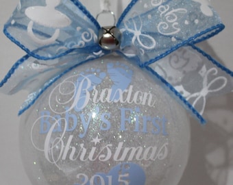 Our Baby's First Christmas Ornament, Personalized Ornament Keepsake Ornament, Baby Feet / Rattle Ornament