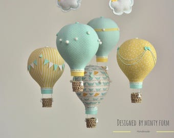 Mint Yellow White Hot Air Balloon Mobile Travel Theme Nursery Decor Custom Mobile World Map