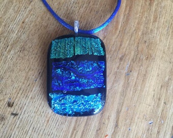 Blue Dichroic Fused Glass Pendant With Blue Silk Necklace