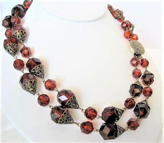 Brown Lucite Necklace, Root Beer Color, 2 strands, Western Germany Necklace, Mid Century