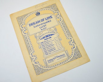 Dream of Love, Liszt, Vintage Sheet Music, Liebestraum No 3, Antique Musical Ephemera, 1920s