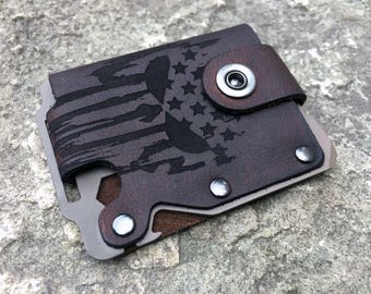 Special Edition-Kodiak Hero minimalist wallet (HERO Bearskin-Dark Earth metal). Men's custom leather wallet. Father's Day sale!
