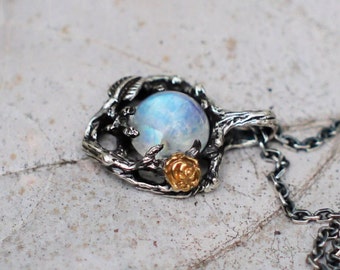 Sterling Silver Rainbow Moonstone Pendant "Cleo" READY TO SHIP, flower pendant, jewelry set, rose pendant, leaves pendant, tree branch