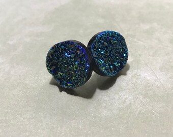 Iridescent Blue-Green Geode Earrings