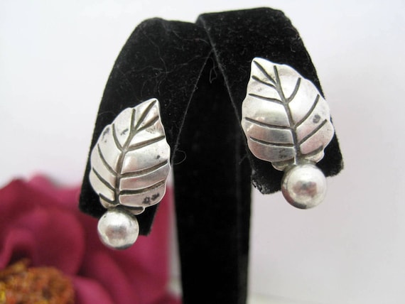 Sterling Leaf Earrings, 40's Era, Screw Back Earrings