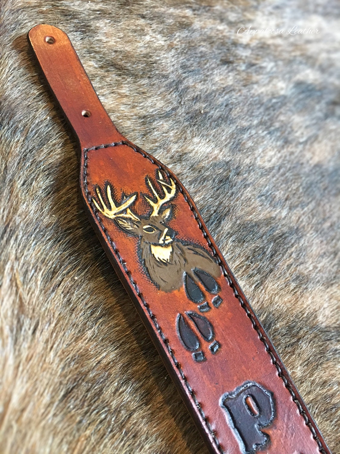 Custom Leather Whitetail Deer & Tracks Rifle Sling with Your
