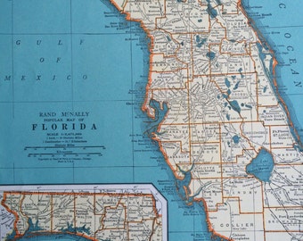 1937 FLORIDA Original Vintage Map, 11 x 14 inches, State Map, Rand McNally, Home Decor, Cartography, Geography