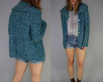 1960s Mohair & Wool Sweater Cardigan | Chunky Knit Sweater Fisherman Cardigan | 60s 70s Italian Hand Knit Sweater Cardigan | S M
