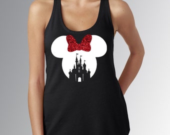 Minnie Mouse Castle Cut Out* Women's Black Racerback Tank Top* White Design/Red glitter bow* Disneyland/Disney World Vacation Shirt*