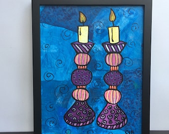 Shabbos Candles Painting - Shabbat Candle Art - Original Mixed Media Art - Jewish Wedding Gift - Wall Art Decor, Judaica by Claudine Intner