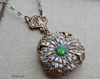 Antique Mother of Pearl Button Necklace, Brass Filigree with Vintage Green Swarovski Crystal, Antique Brass Finish