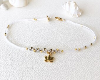 Anklet for Women, Swarovski Crystal Anklet Gold/ Silver Beaded Anklet Bracelet, Lotus 24K Gold NF Charm Silver, Anklet Wedding Beach