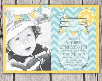 Boys First Birthday Lemonade Invitation - Mason Jar Chevron Bunting Lemonade Stand - Photo Invite - Aqua Yellow - Boy or Girl