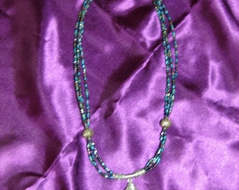 Paua Shell pendant and irridescent seed bead necklace
