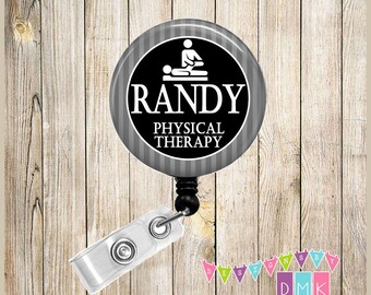Personalized - Physical Therapy - Grey Stripes Button Badge Reel - Retractable ID Holder - Alligator or Slide Clip - Male Nurse Gift