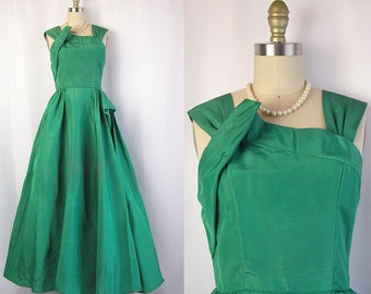 1940s Gown ~ Lorrie Deb Sea Green Taffeta Full Length Evening Gown ~ Swathed & Pleated Asymmetrical Details ~ As Is Condition ~ Size Small