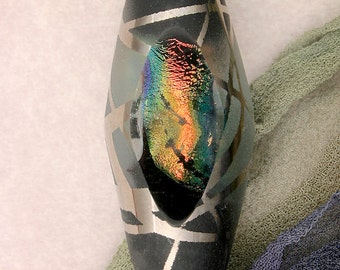 SRA Lampwork Beads "Sgraffito" Handmade Sandblasted Glass Polished Dichroic Oval Focal Window Bead Metallic Lustre ~ Colourful Contrasts