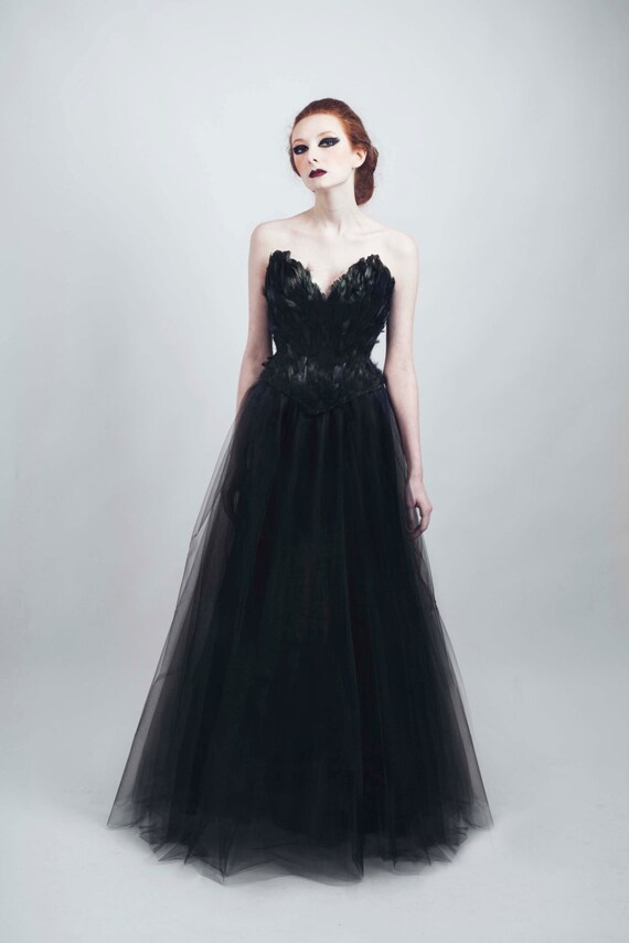 Black Swan Feather Couture Corset Full Length Tulle Gown