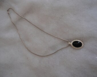 Vintage OMA Black Silvertone Necklace, Silvertone Chain, Silver Tone Chain, Silverton with Black Glass Pendant by OMA, Costume Pendant