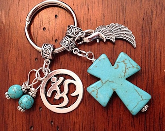 Christian Keychain, OM Keychain, Cowgirl Keychain, Turquoise Cross Keychain with Angel Wing