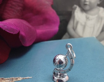 World Map Globe Travel Charm, Sterling Silver, Vintage Style, Moveable