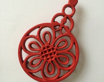 Vintage French Red Enamel Trivet, Small Retro Cast Iron Trivet