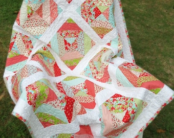 Girl's Modern Block Patchwork Lap Quilt; Throw sized quilt made from "Little Ruby" fabric line.