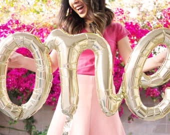 ONE script letter balloons - white gold birthday decor - balloon banner kit