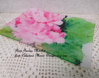 Glass Tray Plate Hand Painted With Pink Hydrangeas, Watercolor, Designer Collectible, Original Design, ECS