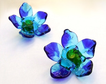 Lampwork Glass Flower Beads for Jewelry Making, 2 Blue and Turquoise Flowers, Made to Order
