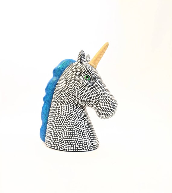 Hand painted Unicorn coin bank ceramic coin bank piggy bank blue mane black and white unicorn ceramic piggy bank