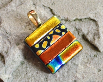 Dichroic Glass Pendant Metallic Stripes Square Shaped in Golds Burnt Orange on your Choice of Silver or Gold Bail Fitting - Gift Boxed