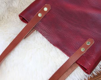 Skinny Tote, Red Leather, Leather Tote, Tote Bag, Unlined Leather, Raw Edge Leather