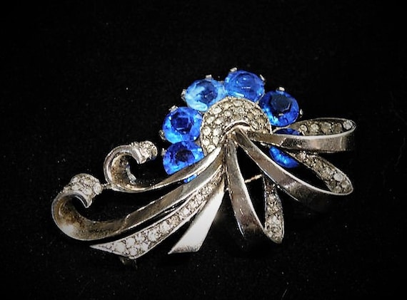 Marcel Boucher Sterling Brooch / Sapphire Blue Rhinestone