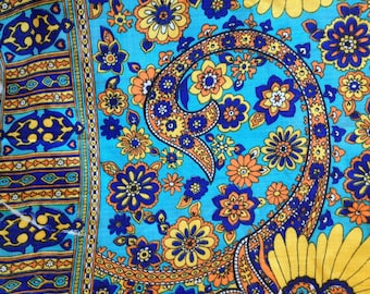1970s psychedelic fabric , 60s mod flower paisley border yardage , 3 yds