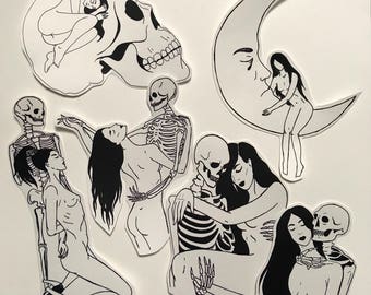 Love and Death Stickers / Sad Girl & Skeleton Skull Death Reaper / Lovers Tarot Macabre Occult Goth Punk Tattoo Art /Sticker Pack